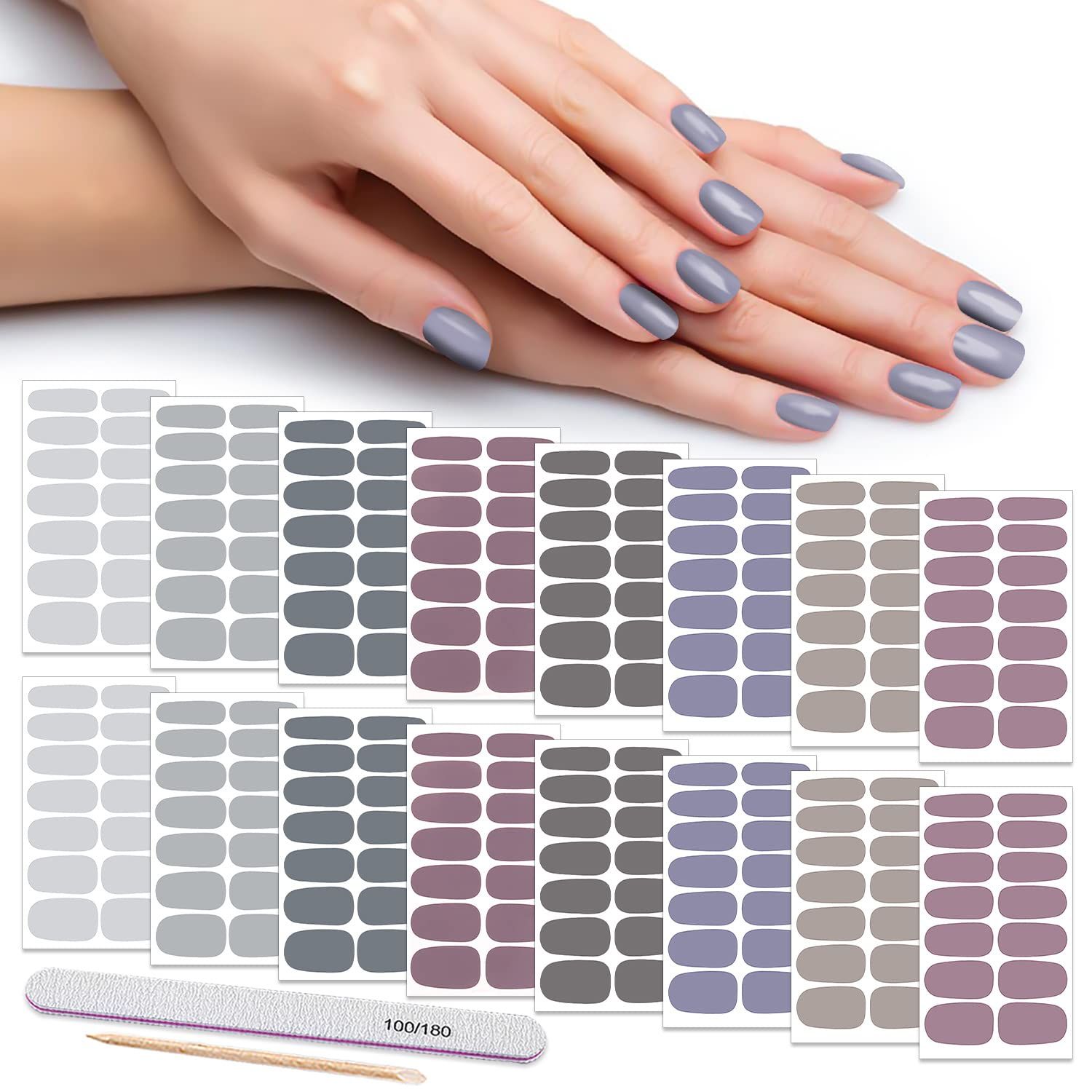 DANNEASY 16 Sheets Self-Adhesive Nail Polish Strips - Solid Color Womens Nail Wraps with Nail File &amp; Cuticle Stick (Gray)