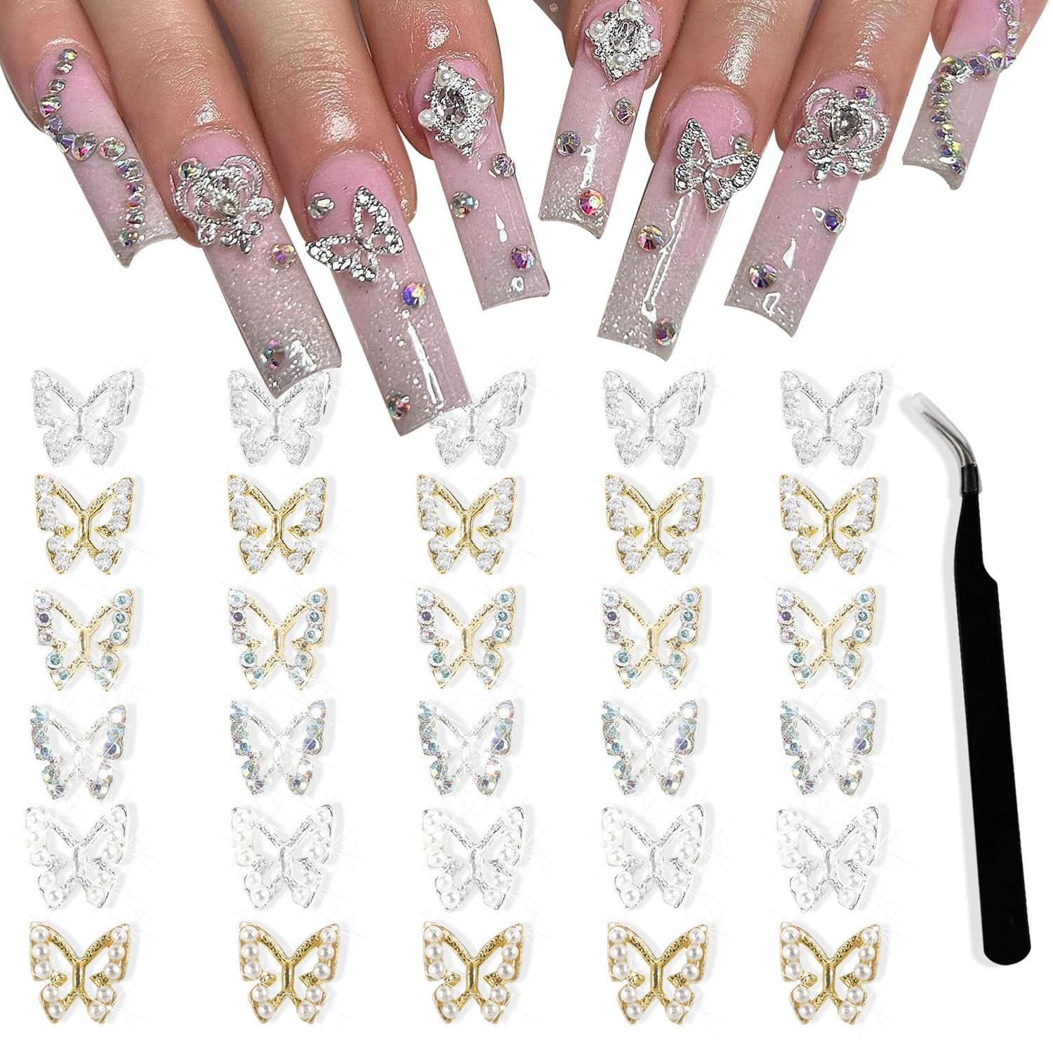 ANGNYA 30Pcs Alloy Butterfly Nail Charms 3D Metal Butterfly Nail Gems Nail Rhinestones Shiny Crystal Nail Art Charms Nail Charms for Acrylic with tweezer for Nail Decoration Supplies