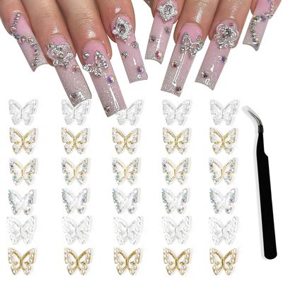ANGNYA 30Pcs Alloy Butterfly Nail Charms 3D Metal Butterfly Nail Gems Nail Rhinestones Shiny Crystal Nail Art Charms Nail Charms for Acrylic with tweezer for Nail Decoration Supplies