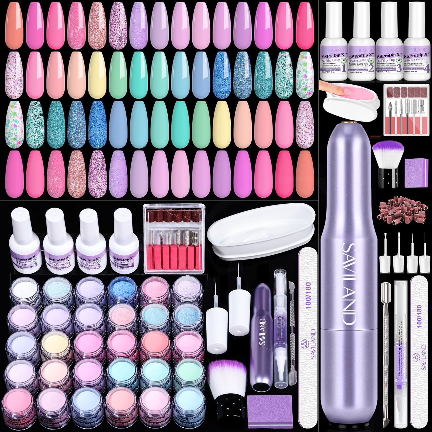 SAVILAND Dip Powder Nail Kit with Drill: 30 Colors Mermaid Dip Nails Powder Starter Kit Dip Powder Liquid Set Dip Base &amp; Top Activator Brush Saver All-in-1 Dip Nail Kit French Nail Art Manicure Salon