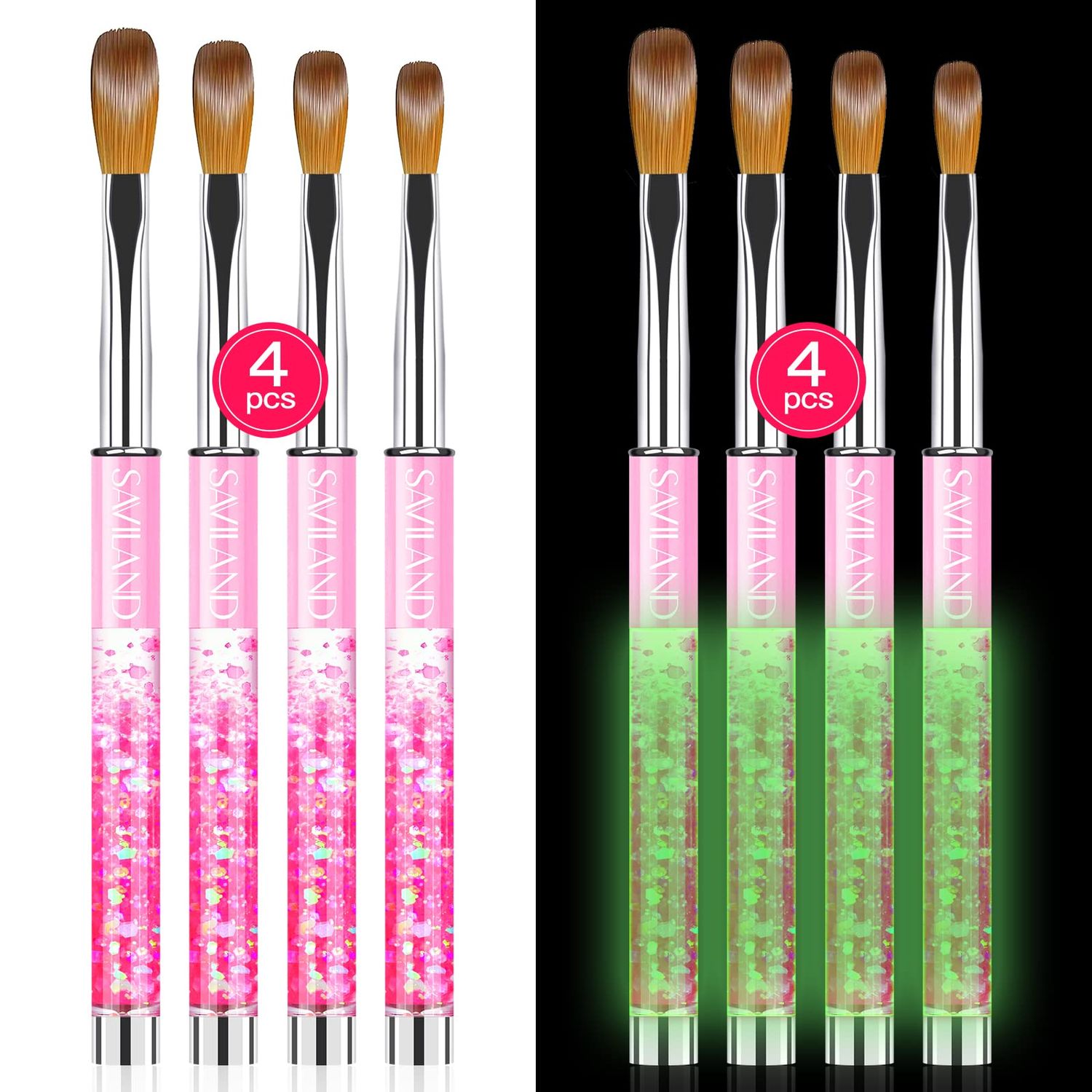 Saviland Kolinsky Acrylic Nail Brush Set: Size 6/8/12/14 Professional Nail Brushes for Acrylic Application, Glows in The Dark Powder Brushes for Nail Art Extension 3D Carving Home DIY
