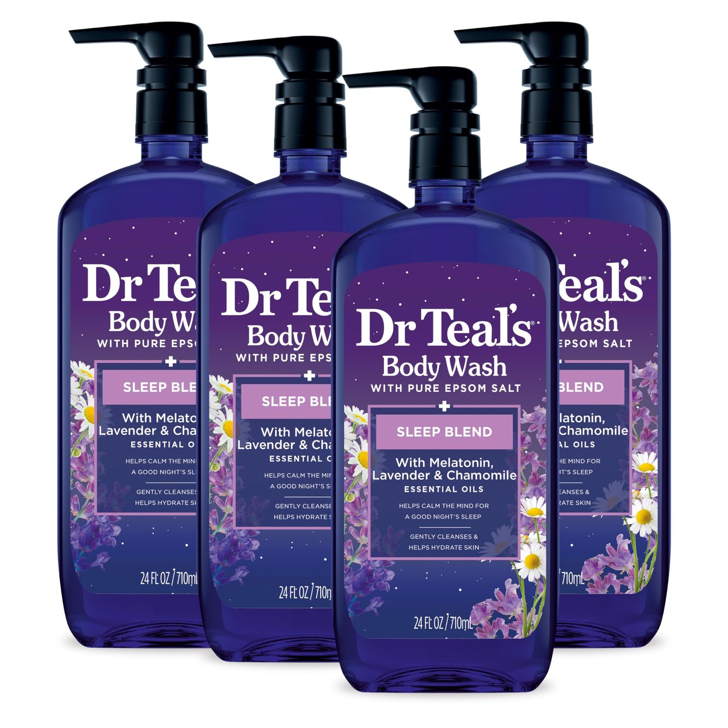 Dr Teals Body Wash with Pure Epsom Salt, Sleep Blend with Melatonin, Lavender &amp; Chamomile Essential Oils, 24 fl oz (Pack of 4)