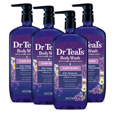 Dr Teals Body Wash with Pure Epsom Salt, Sleep Blend with Melatonin, Lavender &amp; Chamomile Essential Oils, 24 fl oz (Pack of 4)