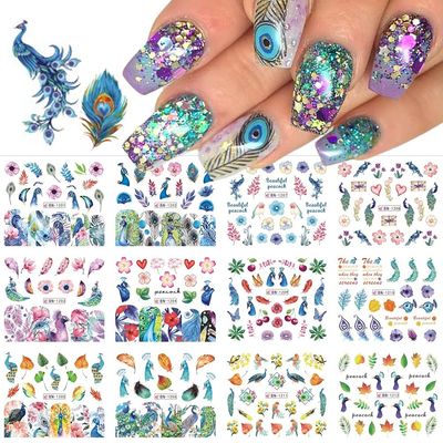 CHANGAR Peacock Feather Nail Stickers, 12 Sheets Water Transfer Decals, Colorful Flower Leaf Pattern, DIY Nail Decorations for Women, Girls, Children