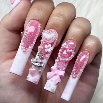 QQPPOLIU Press on Nails,Long French Tip Press on Nails Long Length with Jewelry Design Stick on Nails (Hot Pink&amp;White)