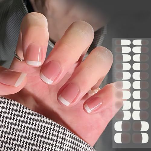 French Tip Gel Nail Strips French Nail Polish Strips French Tip Nail Wraps Stickers Self-Adhesive Nail Art Design Decals Full Cover Sticker for Women and Girls Daily Acrylic Nails DIY Decoration