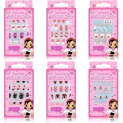 Kalolary 144 PCS Kids False Nail for Girls Gift, Press on Nail Color Short Fake Nails Artificial Nail Full Tips, Lovely Valentines Day Gift for Little Girls Nail Art Decoration (6 Pack)