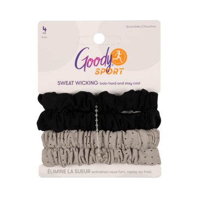 Goody Sport Ouchless Thin Scrunchies - 4 Ct, Gray &amp; Black, Sport-Level Grip for Workouts, Sweat-Wicking, No Damage Hair Ties, All Hair Types