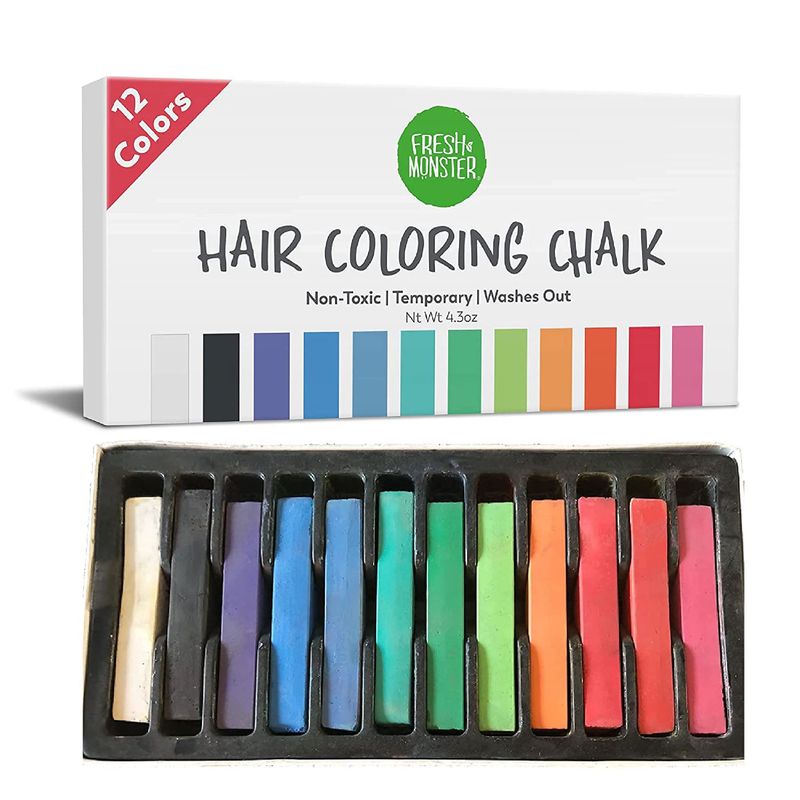 Fresh Monster Temporary Hair Coloring Chalk 12 Bright Colors Washes Out Easily Girls and Boys Non-Toxic and Safe for All Ages, Hair Colors and Textures Great Gift Idea