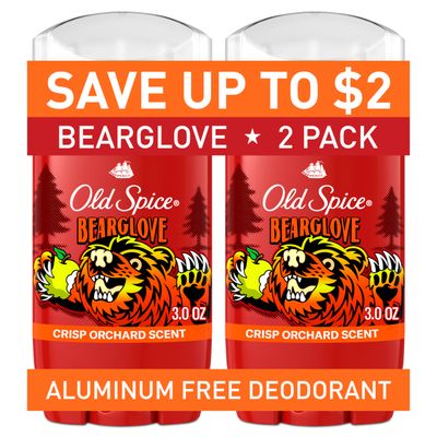 Old Spice Aluminum Free Deodorant for Men, 24/7 Odor Protection, 24/7 Freshness &amp; Lasting Scent, Goes on Clear, Bearglove with Crisp Orchard Scent, 3.0 oz (Pack of 2)