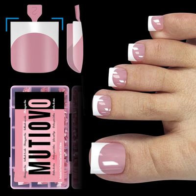 MUTIOVO French Tip Toe Nail Tips Press on, Sharp Square Pre-Designed Soft Gel False Toenail Extension, BERRY PINK Pre-applied Tip Primer &amp; Base Coat, Full Cover Acrylic for DIY x 15 Sizes 240 pcs