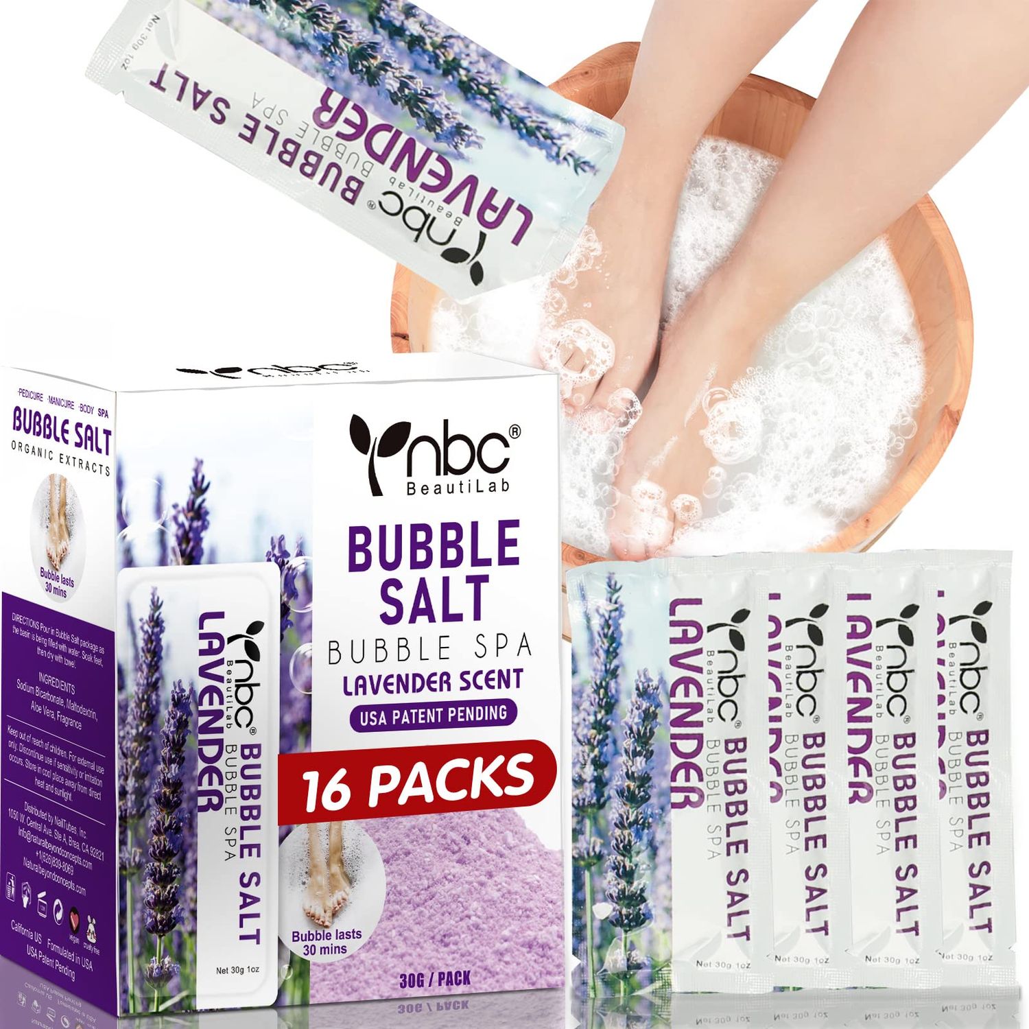 nbc BeautiLab Pedicure Foot Soak, Foot Spa Soak, Pedicure Kit, Bubble Foot Bath For Tired &amp; Dry Cracked Feet, Athletes Feet, Odor Foot and Softens Calluses, Foot Soak 16 Packs A Box, Lavender