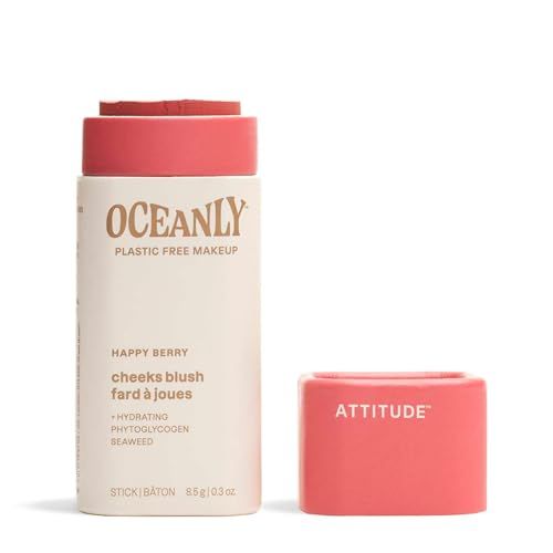 ATTITUDE Oceanly Plastic-Free Lightweight Blush Stick, Titanium Dioxide-Free, EWG Verified, Vegan &amp; Cruelty-free Makeup, Happy Berry, 0.3 Ounces