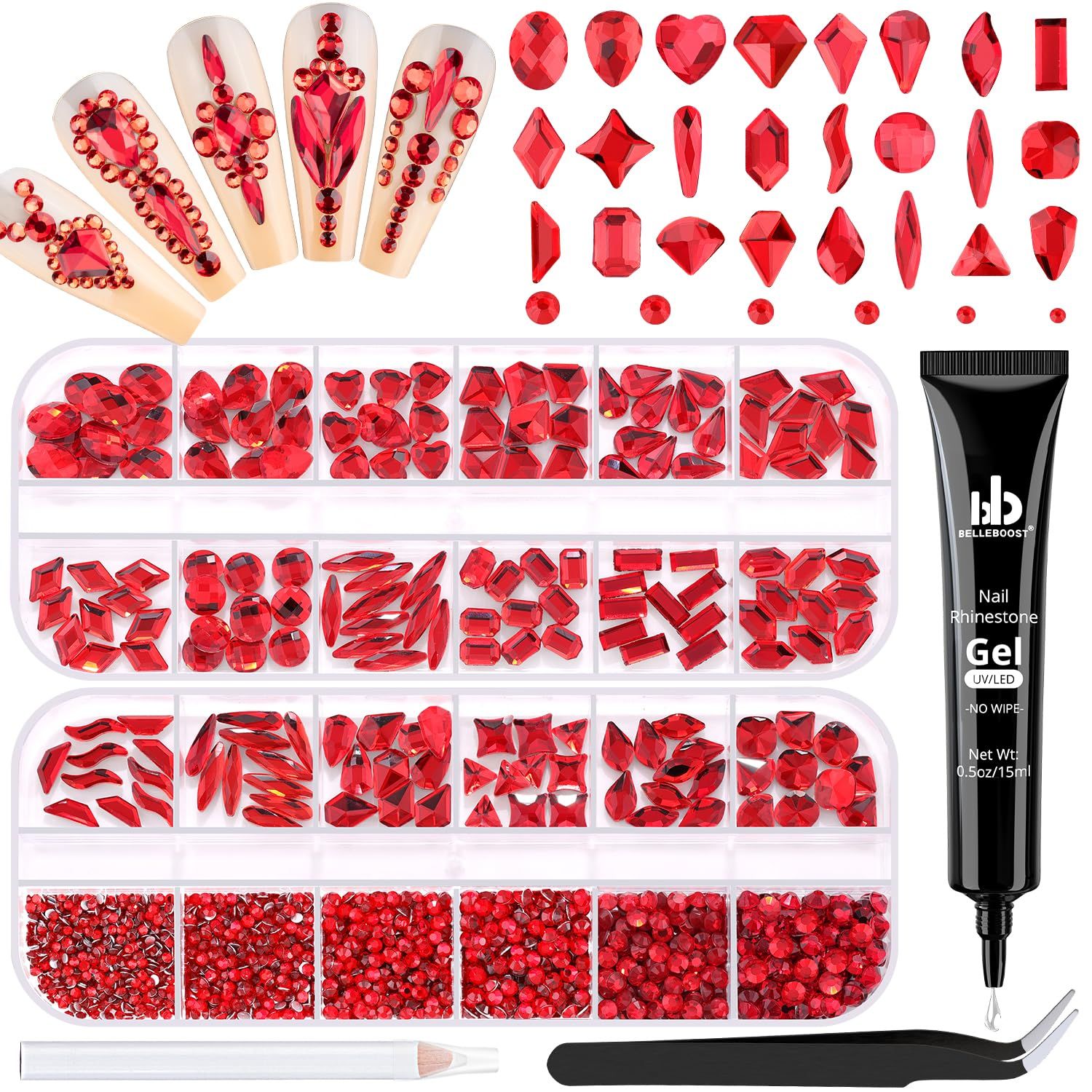 1680Pcs Red Glass Nail Rhinestones 180Pcs Multi Shapes Flatback Nail Gems 1500Pcs 1.5-4mm Round Crystal with Rhinestones Glue Gel, Manicure Nail Charms Diamond Gemstones for Nail Art