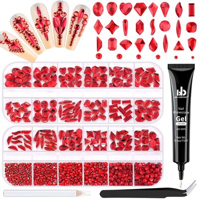 1680Pcs Red Glass Nail Rhinestones 180Pcs Multi Shapes Flatback Nail Gems 1500Pcs 1.5-4mm Round Crystal with Rhinestones Glue Gel, Manicure Nail Charms Diamond Gemstones for Nail Art
