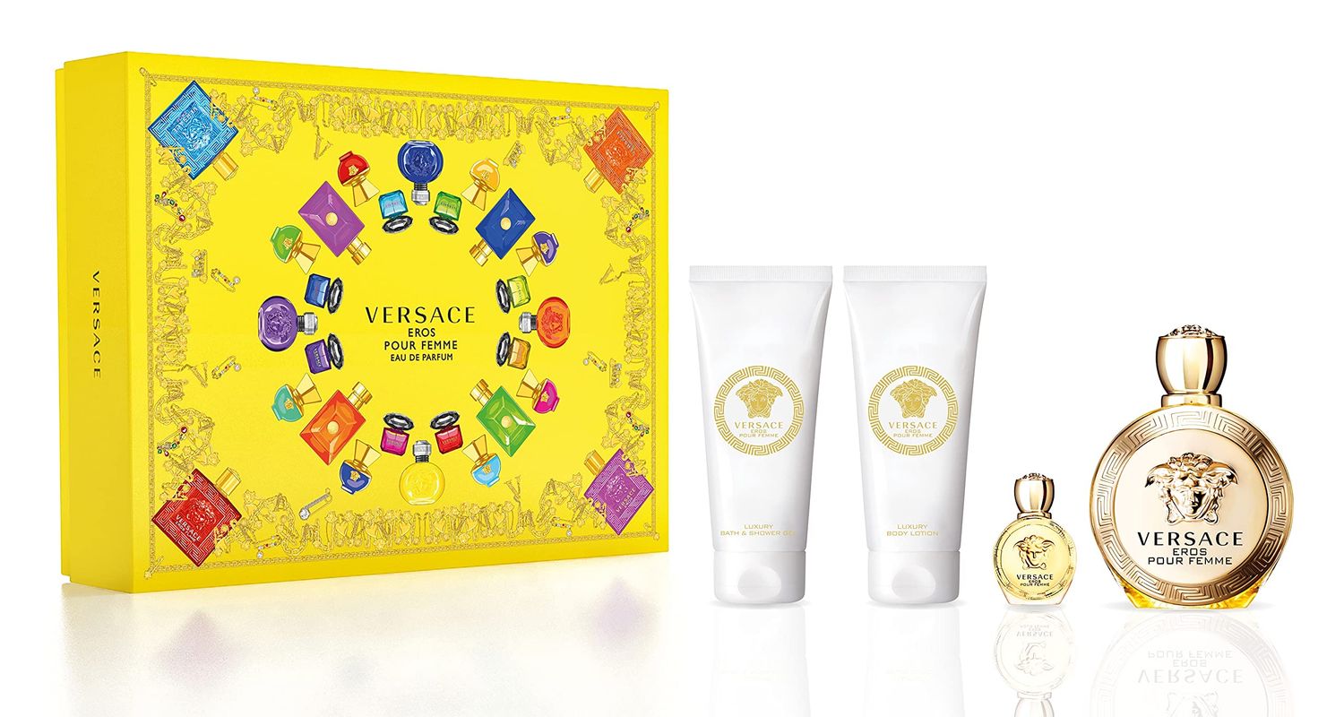 Versace Eros Pour Femme 4 Piece Gift Set for Women (Eau De Parfum Spray Body Lotion Shower Gel) 3.4 Ounce Each 0.17 Ounce Mini Spray