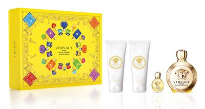 Versace Eros Pour Femme 4 Piece Gift Set for Women (Eau De Parfum Spray Body Lotion Shower Gel) 3.4 Ounce Each 0.17 Ounce Mini Spray
