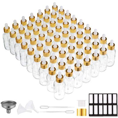 PrettyCare Eye Dropper Bottle 2 oz (63 Pack Clear Glass Bottles 60ml with Golden Caps, 2 Extra Eye Droppers, 120 Labels, 10 Funnel &amp; Measured Pipettes) Empty Tincture Bottles for Essential Oils