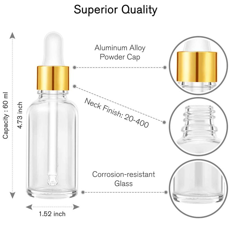 PrettyCare Eye Dropper Bottle 2 oz (63 Pack Clear Glass Bottles 60ml with Golden Caps, 2 Extra Eye Droppers, 120 Labels, 10 Funnel &amp; Measured Pipettes) Empty Tincture Bottles for Essential Oils