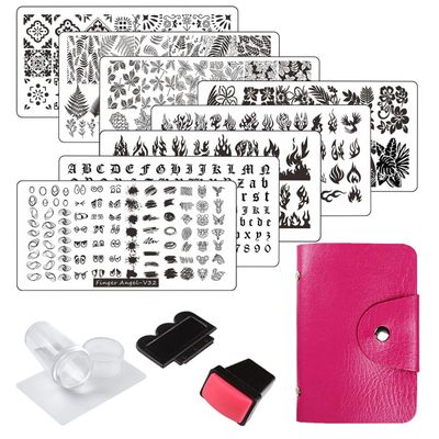 FingerAngel 13pcs Stamping Nail Art Plates Set with 2 Stamper, 2 Scraper, Storage Bag - Leaves, Flowers, Animal Nail Plate Templates