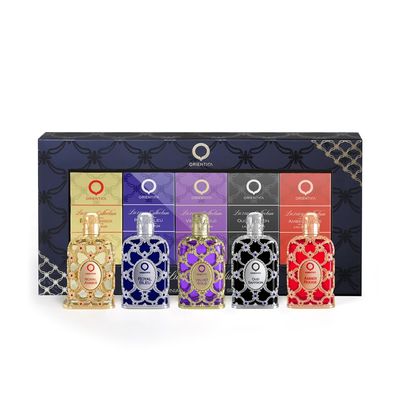 Orientica Luxury Collection Mini Perfume Gift Set for Men &amp; Women, 5-Piece Discovery Set with Amber Rouge, Royal Amber, Oud Saffron, Velvet Gold &amp; Royal Bleu, Unisex Fragrances for Every Occasion