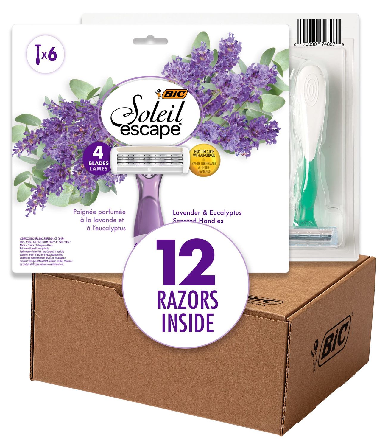 BIC Soleil Escape Scented Womens Disposable Razors, 4 Blades, Comfortable Shave, Lavender &amp; Eucalyptus Scented Handle Shaving Razors for Women, 12 Count