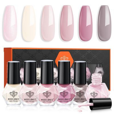 modelones Nail Polish Set 6 Colors, Pearl Pink Grey Beige Mini Quick Dry Nail Lacquer Kit, Bubble Bath Shimmer Pearlescent DIY Home Salon Nail Art Manicure Gift for Women Girls