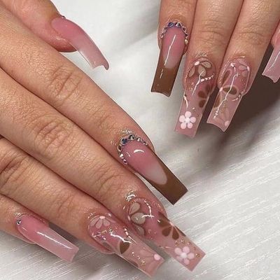 MISUD Long Press on Nails - Coffin Fake Nails Rhinestone Ballerina Acrylic Glossy Glue on Bling Glitter Artificial False Nails - Red Brown French Tip Flower Designs - 24 pcs