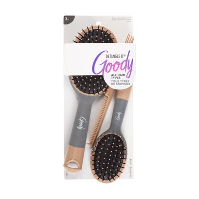 Goody Detangle It Hair Brushes Set - Large Oval Paddle Brush Detangling Comb Mini Brush, Suitable for Detangling &amp; Styling, Pick Comb for Tangles On-the-Go, For Wet or Dry Hair, Brown/Grey