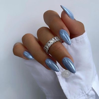 Baby Blue Press On Nails Almond - KQueenest Chrome Press On Nails Medium, Sparkle Fake Nails Press ons Glitter Glue on Nails Medium Stiletto with Glazed Finish, Stick On Nails for Women Wedding Wear