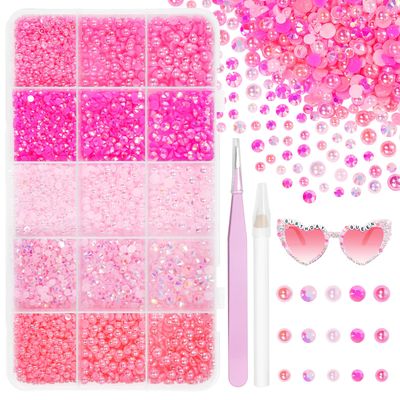 12000 Pcs Pink Color Flatback Pearls and Rhinestones for Crafting, 3-5 mm Jelly Resin Rhinestones, Mixed Size Half Pearl Bedazzling Gems for Nail DIY Crafts Mugs Bottles Tumblers Clothes Makeup