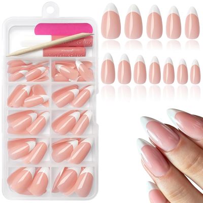 Bellelfin 120Pcs White French Tip Press on Nails Almond Shape Fake Nails, Full Cover Glossy Nude False Nails Acrylic Glue on Nails with 5 Sheets Adhesive Tabs for Women Girls Finger Nails Design