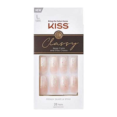KISS Classy French Nail Manicure Kit with Gel Finish, Long, Coffin Shaped, Scrunchie, Gel Nail Kit Includes Pink Nail Glue (Net Wt. 2 g / 0.07oz.), Mini File, Manicure Stick, and 28 Fake Nails
