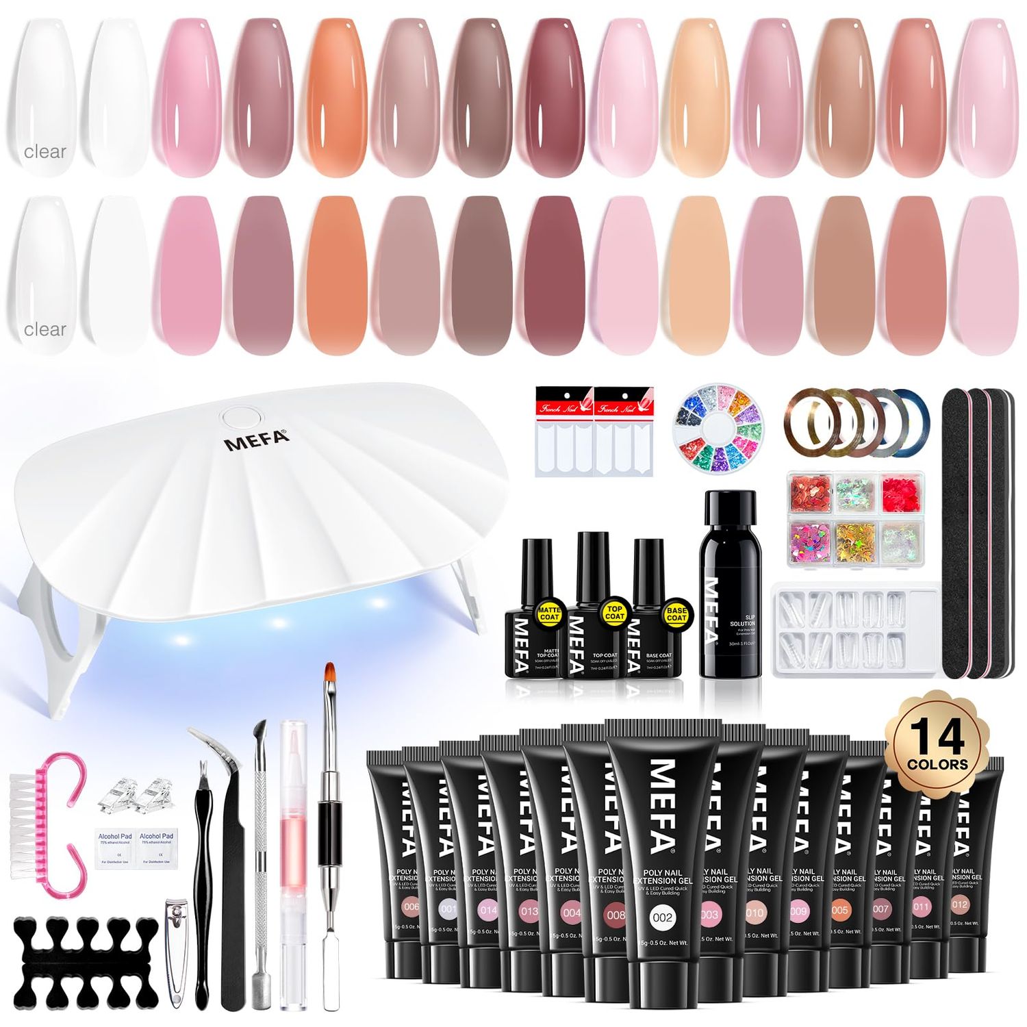 MEFA 42 Pcs Poly Extension Gel Nail Kit, 14 Colors All Seasons Poly Nail Gel kit with Mini Nail Lamp Nude Jelly Milky White Clear Color Slip Basic Nail kits Manicure Tools Design Beginner Kit
