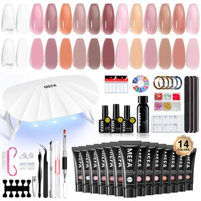 MEFA 42 Pcs Poly Extension Gel Nail Kit, 14 Colors All Seasons Poly Nail Gel kit with Mini Nail Lamp Nude Jelly Milky White Clear Color Slip Basic Nail kits Manicure Tools Design Beginner Kit