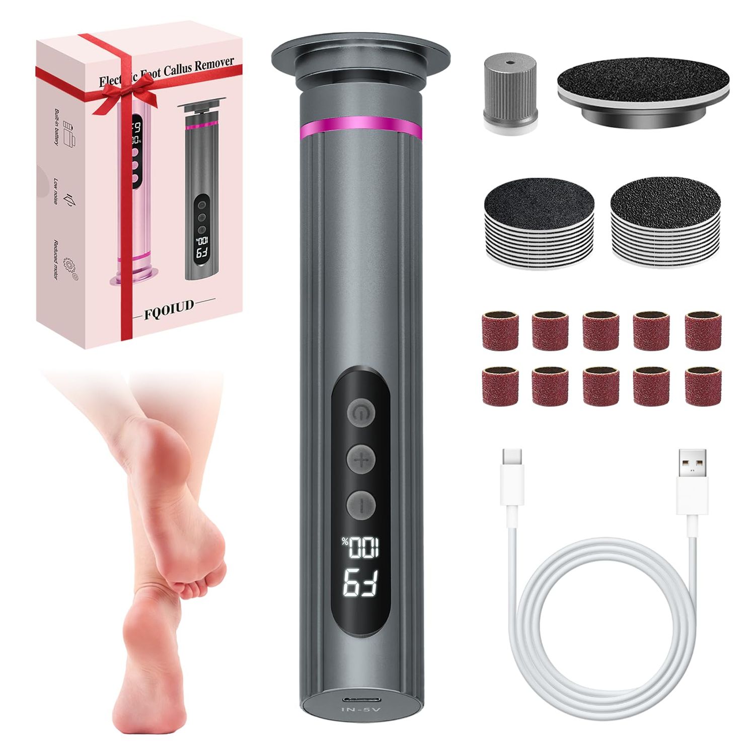 Electric Foot Callus Remover - 2 in 1 Electric Foot File,Adjustable Speed Foot File with Sandpaper Discs &amp; Grinding Heads, 9 Speeds Callus Remover for Feet, Pedicure Tools for Valentines Day Gift