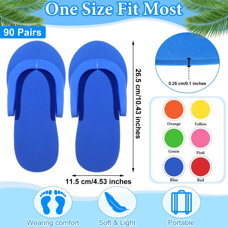 Janmercy 90 Pairs Pedicure Slippers for Guests Foam Disposable Flip Flops Pedicure Shoes Sandals Bulk for Women Spa Party Supplies, 6 Colors, 4. 53 x 10. 43 Inches(Multi Color)