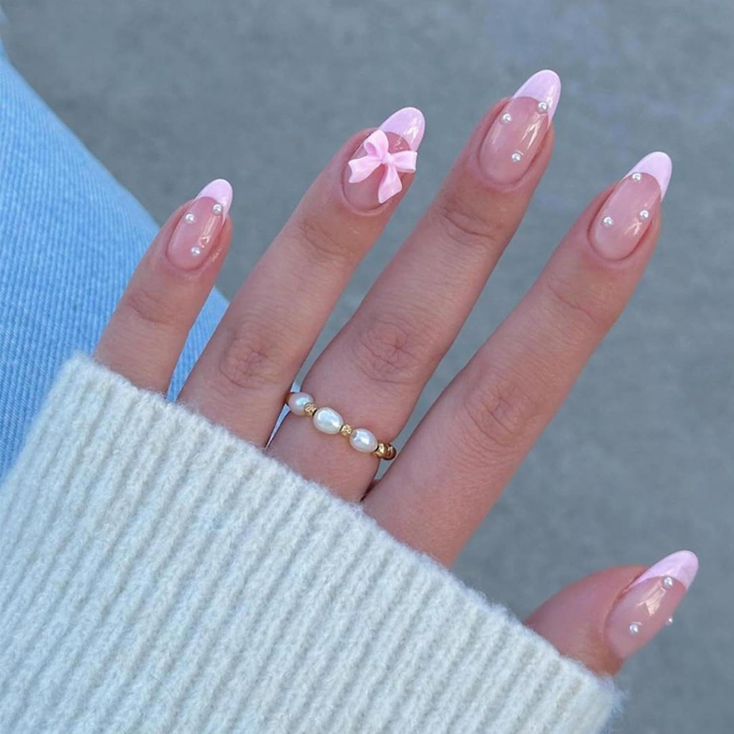 24Pcs French Press on Nails Almond Fake Nails with Bow Pearl Design Pink French Tip False Nails Cute Pink Press on French Nail Tips Glossy Artificial Nails Acrylic Stick on Nails for Women Manicure