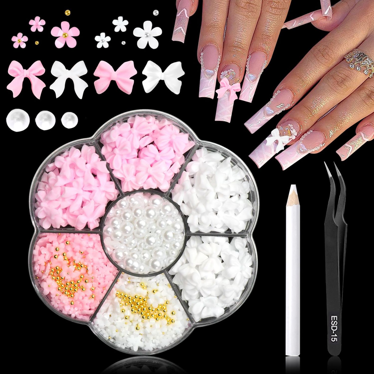 RODAKY Pink Bow Nail Charms Cute 3D Pearl Flower Nail Art Decorations Flatback Resin Bowknot Charms for Acrylic Nails Cute Kawaii Pretty Nail Charms for Womens Manicure DIY Supplies, Small