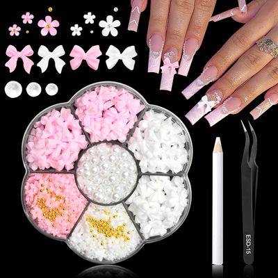 RODAKY Pink Bow Nail Charms Cute 3D Pearl Flower Nail Art Decorations Flatback Resin Bowknot Charms for Acrylic Nails Cute Kawaii Pretty Nail Charms for Womens Manicure DIY Supplies, Small