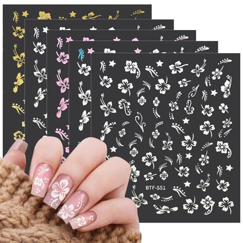 MUIIGOOD Flower Nail Stickers 10 Sheets Hibiscus Nail Decals White Pink Golden Clear Silver Decals Nail Art Decorations Nail Decals Nail Art Supplies Nail Designs for Women Manicure Tips