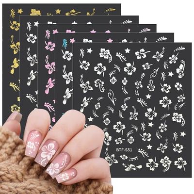 MUIIGOOD Flower Nail Stickers 10 Sheets Hibiscus Nail Decals White Pink Golden Clear Silver Decals Nail Art Decorations Nail Decals Nail Art Supplies Nail Designs for Women Manicure Tips