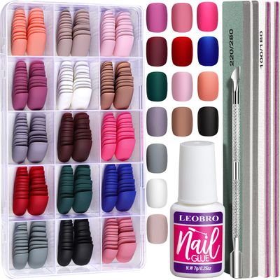 LEOBRO Press on Nails Short, 15 Colors 360PCS Matte Press on Nails Kit, Fake Nails False Nails with Glue, Short Round Press on Nails, Stick Glue on Nails Set, Small Press On Nails for Women