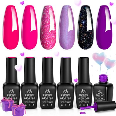 Beetles Neon Gel Nail Polish Set, 6 Colors Spring Summer Gel Nail Polish Kit Glitter Pink Purple Black Shimmer Soak Off Uv Dreamy Swirl Thread Effect DIY Manicure Gift for Women