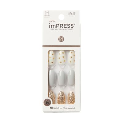 KISS imPRESS No Glue Press-On Nails White Gold Glitter Design Includes 30 Nails, Prep Pad, 1 Manicure Stick, 1 Mini File - Day Stars