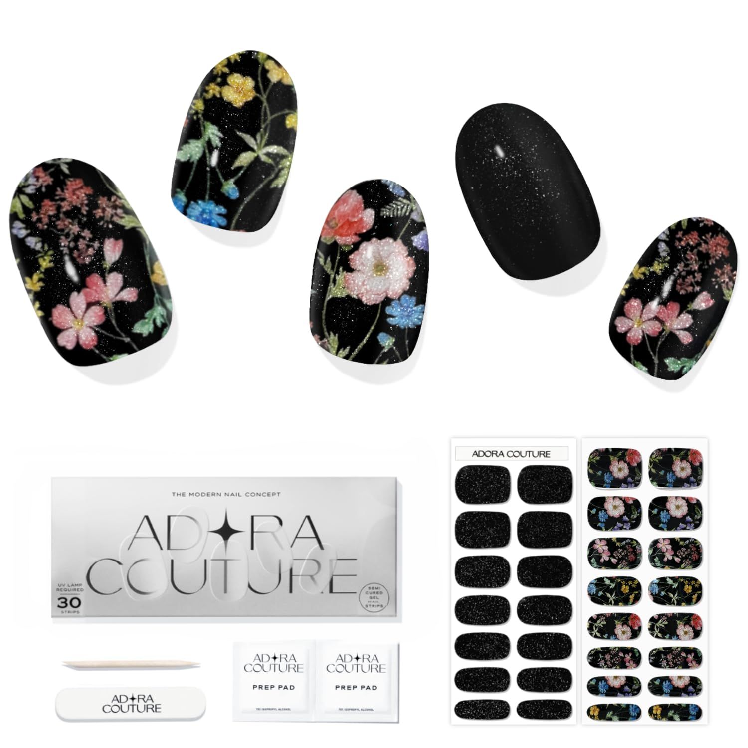 Adora Couture Semi Cured Gel Nail Strips with 30 Pieces, Salon Quality Wraps for Women, Glitter Velvet Colorful Flowers Black Glitter UV Gel Stickers, UV Light Required, Night Garden