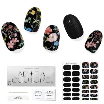 Adora Couture Semi Cured Gel Nail Strips with 30 Pieces, Salon Quality Wraps for Women, Glitter Velvet Colorful Flowers Black Glitter UV Gel Stickers, UV Light Required, Night Garden