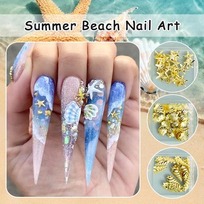 3D Metal Nail Art Studs Mixed Shapes Gold Shell Seahorse Starfish Conch Alloy Nail Rivets with Flatback Pearls Caviar Beads Nail Charms Summer Beach DIY Crafts Manicure Decoration