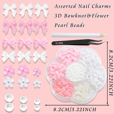 RODAKY Pink Bow Nail Charms Cute 3D Pearl Flower Nail Art Decorations Flatback Resin Bowknot Charms for Acrylic Nails Cute Kawaii Pretty Nail Charms for Womens Manicure DIY Supplies, Small