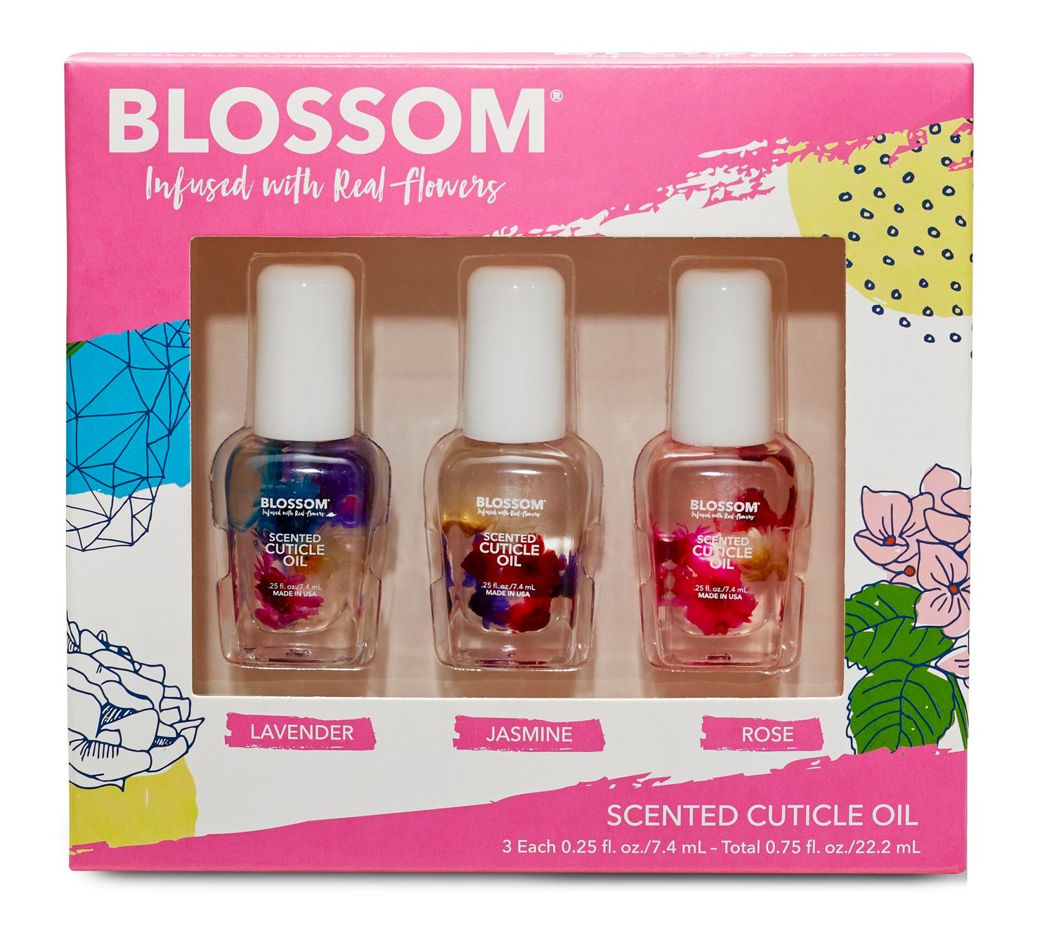 Blossom Cuticle Oil for Nails, Hydrating, Moisturizing, Scented Nail Oil Cuticle Care, Infused with Real Flowers, Made in USA, 0.75oz, 3 pack, Mini Gift Set, Lavender/Jasmine/Rose